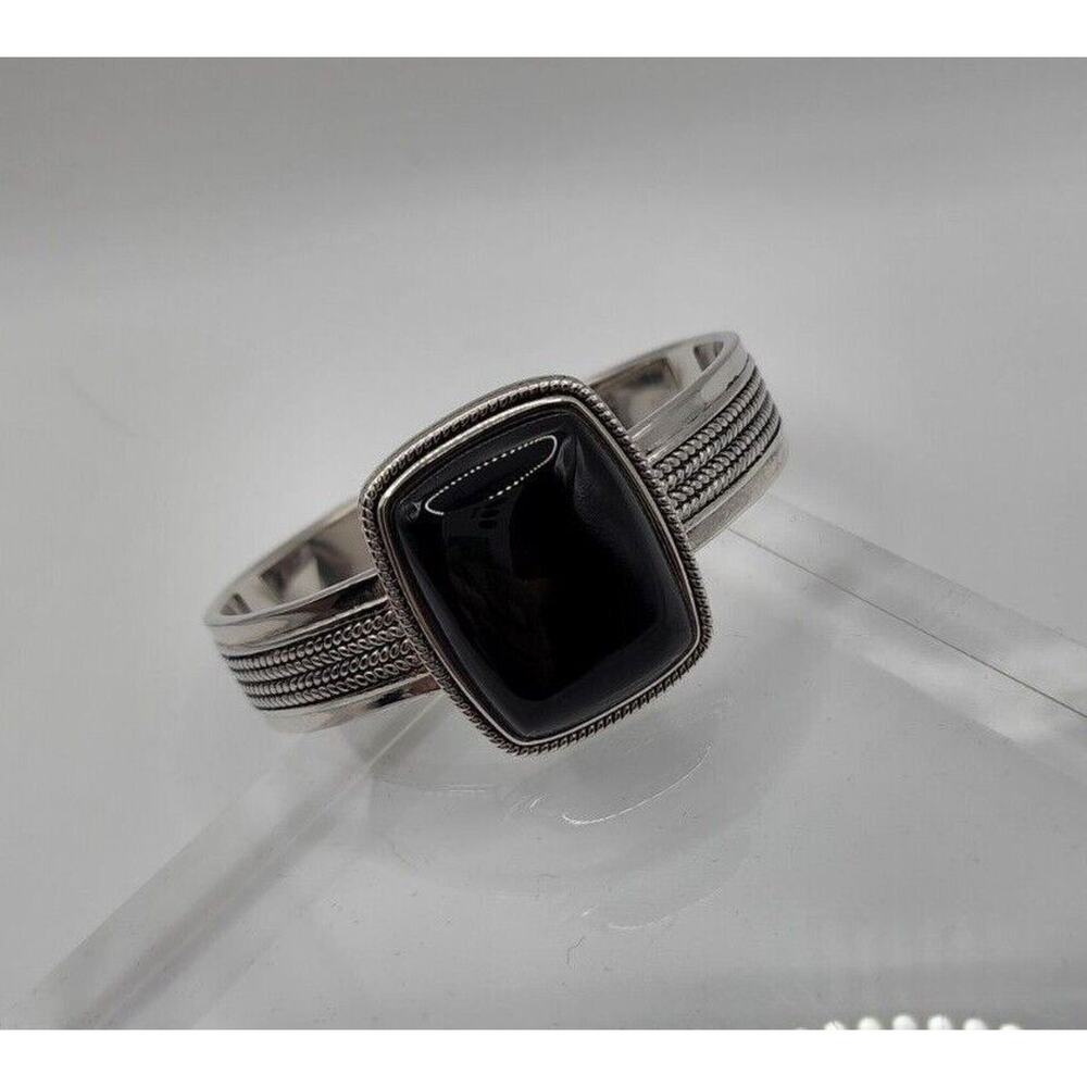 Sterling Silver, Rope-Edge, Bezel Set Black Chalcedony, Wide Cuff Bracelet 7" - Picture 5 of 11